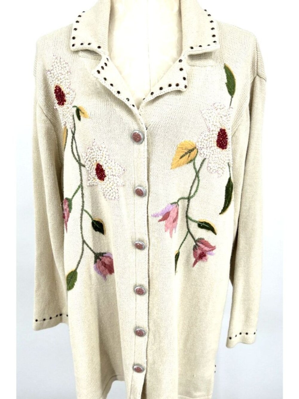 Storybook Knits Womens Cardigan Sweater Tan Floral Embroidered 2X